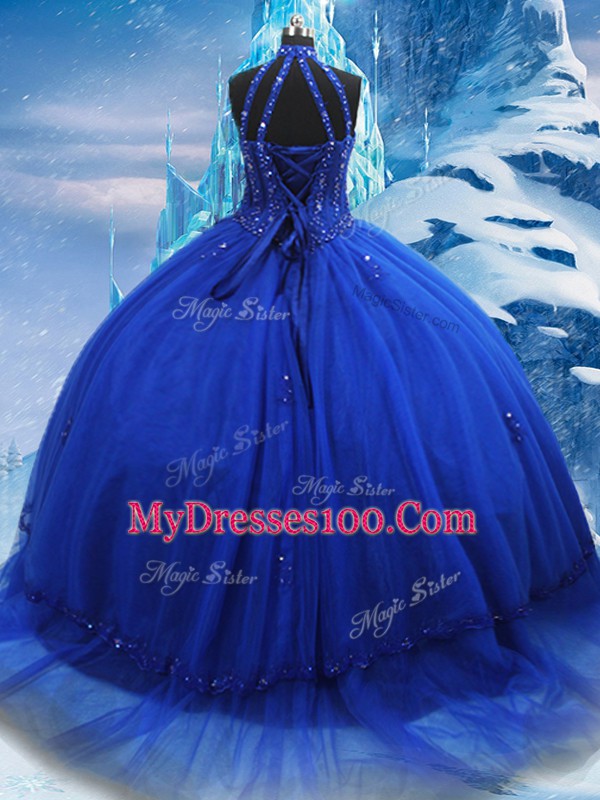Lovely Royal Blue Sleeveless Brush Train Beading and Ruffles Sweet 16 Dresses