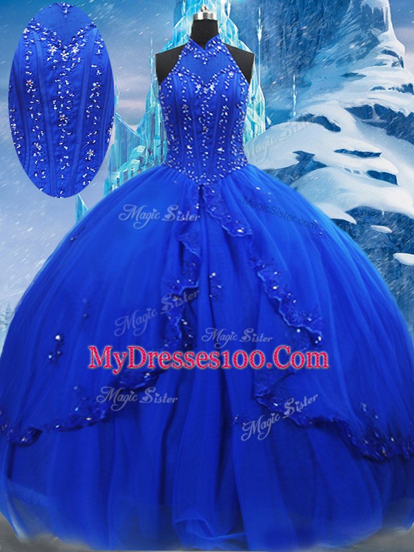 Lovely Royal Blue Sleeveless Brush Train Beading and Ruffles Sweet 16 Dresses