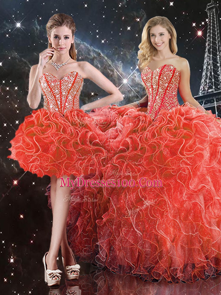 Coral Red Sleeveless Organza Lace Up Sweet 16 Quinceanera Dress for Military Ball and Sweet 16 and Quinceanera