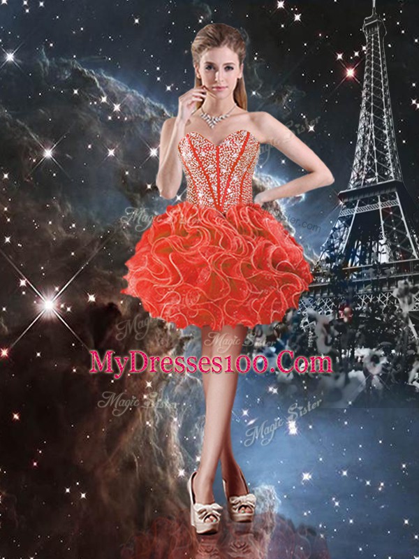Coral Red Sleeveless Organza Lace Up Sweet 16 Quinceanera Dress for Military Ball and Sweet 16 and Quinceanera