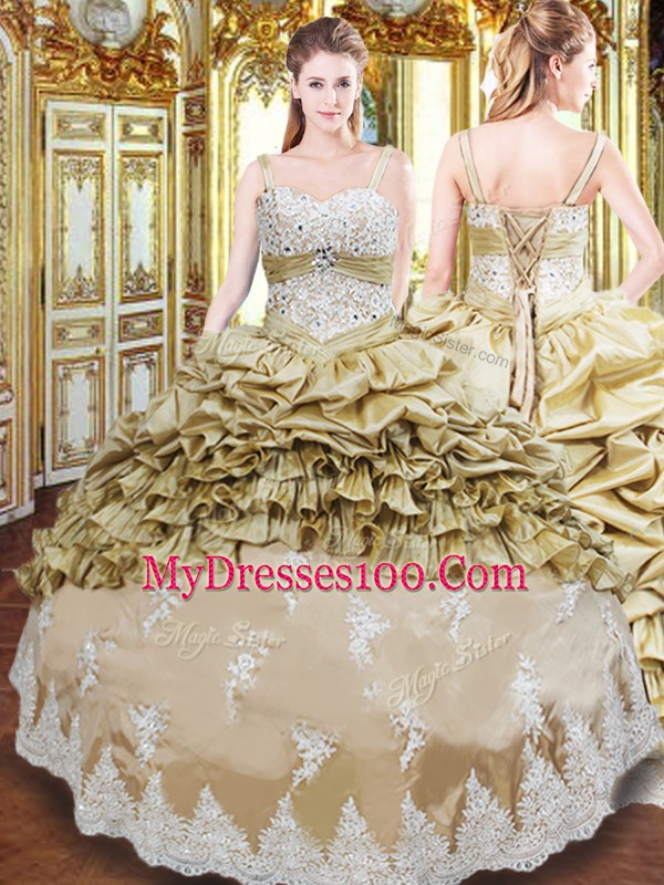 Sexy Champagne Lace Up Quinceanera Gowns Beading and Appliques and Ruffled Layers and Pick Ups Sleeveless Floor Length