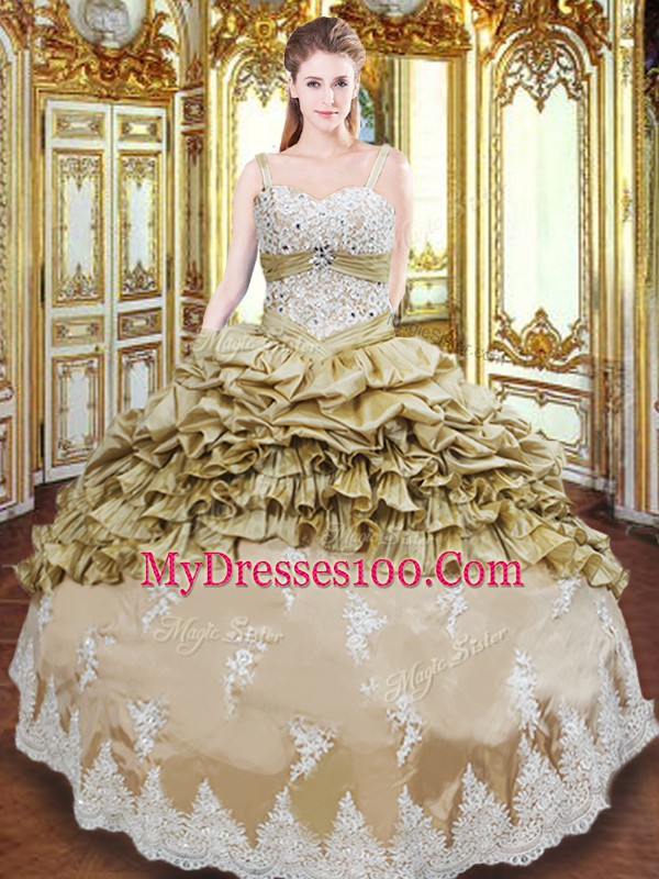 Sexy Champagne Lace Up Quinceanera Gowns Beading and Appliques and Ruffled Layers and Pick Ups Sleeveless Floor Length
