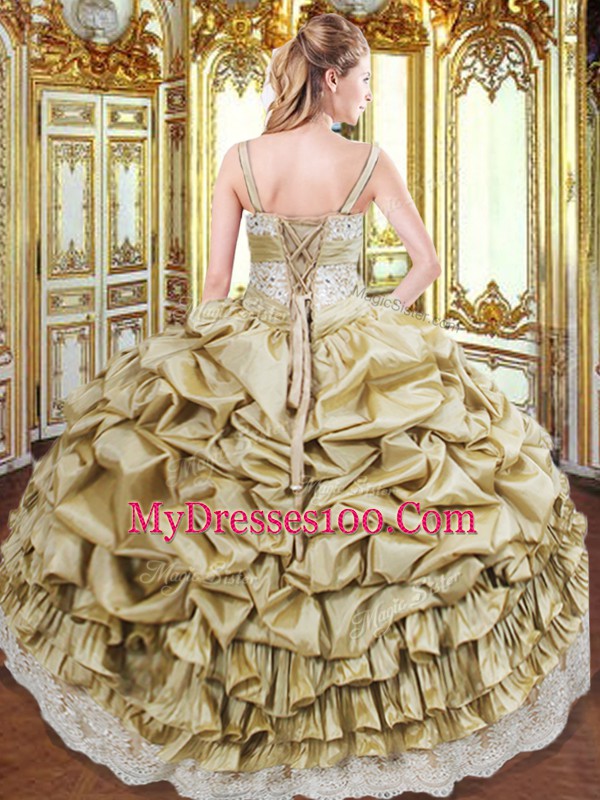 Sexy Champagne Lace Up Quinceanera Gowns Beading and Appliques and Ruffled Layers and Pick Ups Sleeveless Floor Length