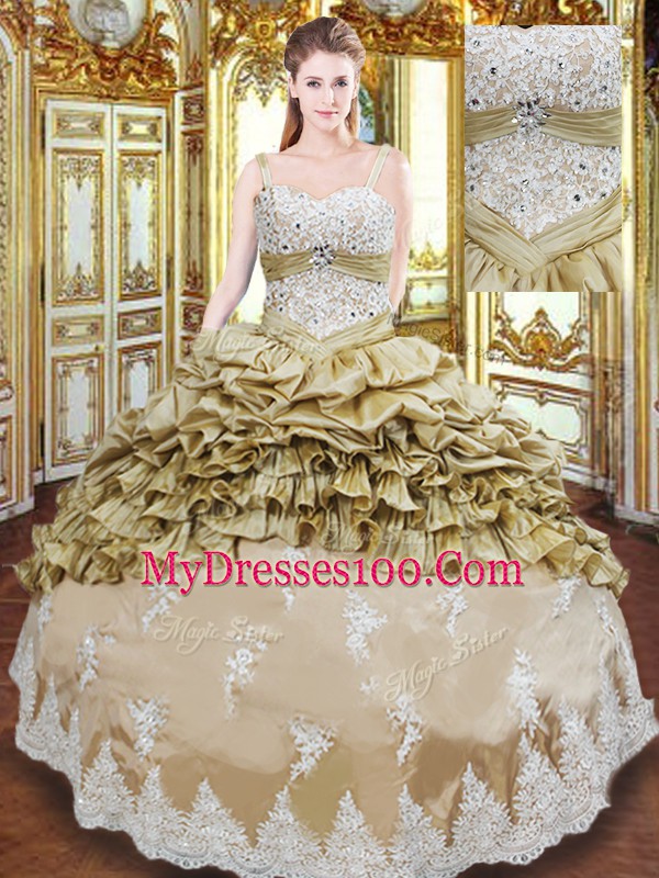 Sexy Champagne Lace Up Quinceanera Gowns Beading and Appliques and Ruffled Layers and Pick Ups Sleeveless Floor Length