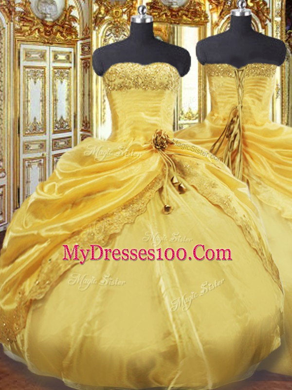 Luxury Taffeta Strapless Sleeveless Lace Up Beading and Pick Ups Ball Gown Prom Dress in Gold