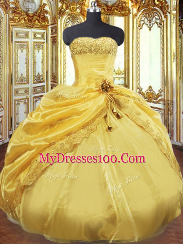 Luxury Taffeta Strapless Sleeveless Lace Up Beading and Pick Ups Ball Gown Prom Dress in Gold