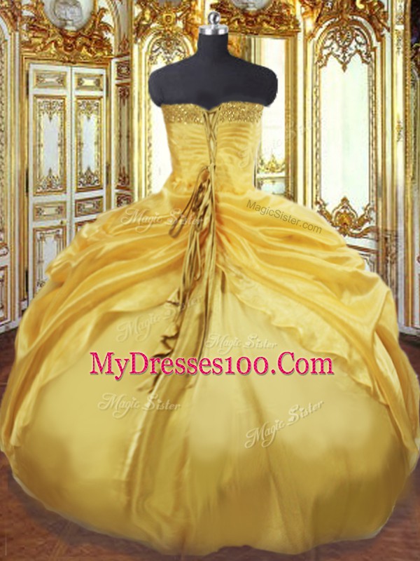 Luxury Taffeta Strapless Sleeveless Lace Up Beading and Pick Ups Ball Gown Prom Dress in Gold