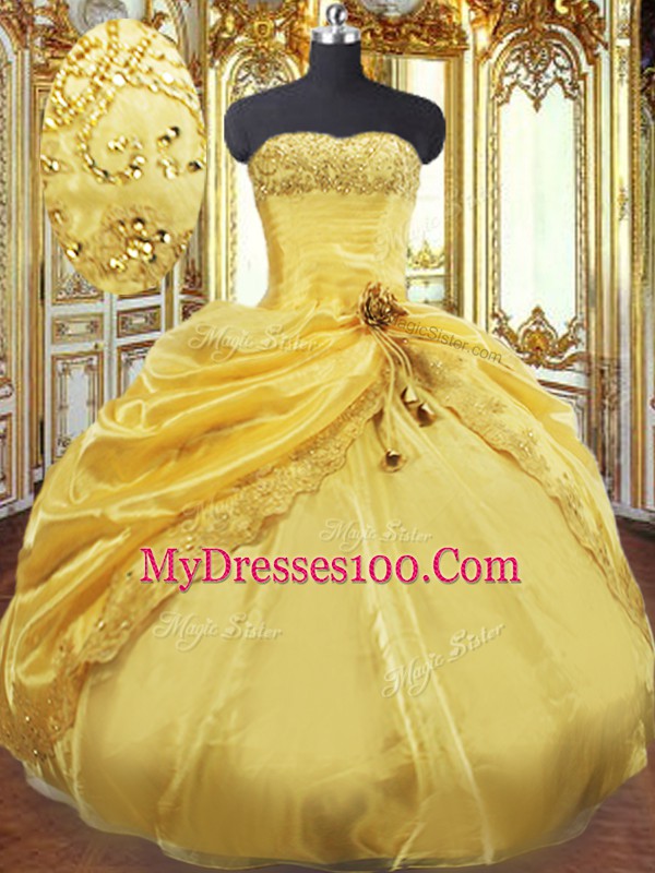 Luxury Taffeta Strapless Sleeveless Lace Up Beading and Pick Ups Ball Gown Prom Dress in Gold