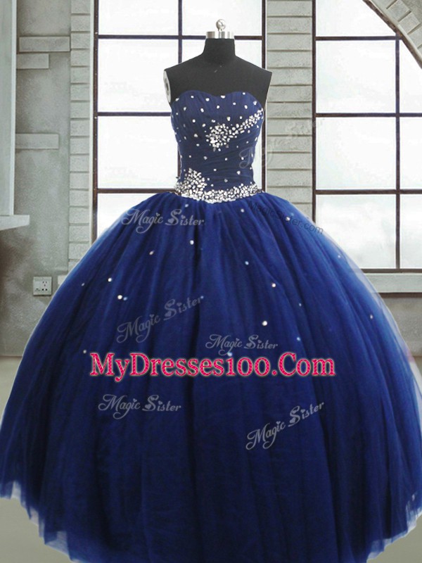Floor Length Ball Gowns Sleeveless Navy Blue Ball Gown Prom Dress Lace Up