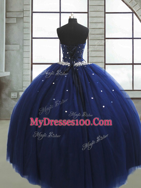 Floor Length Ball Gowns Sleeveless Navy Blue Ball Gown Prom Dress Lace Up