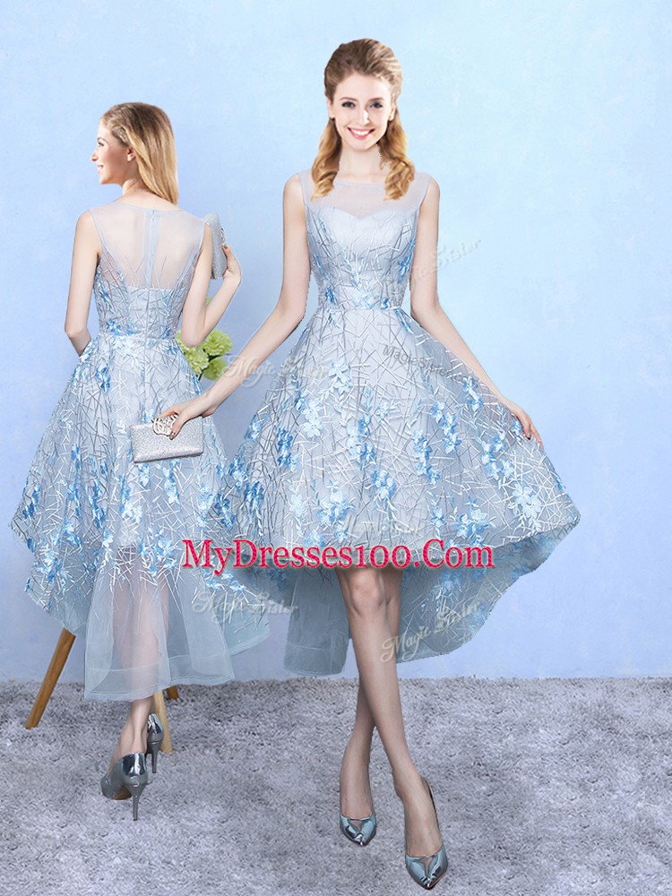 Tulle and Printed Scoop Sleeveless Zipper Appliques Bridesmaid Dresses in Light Blue