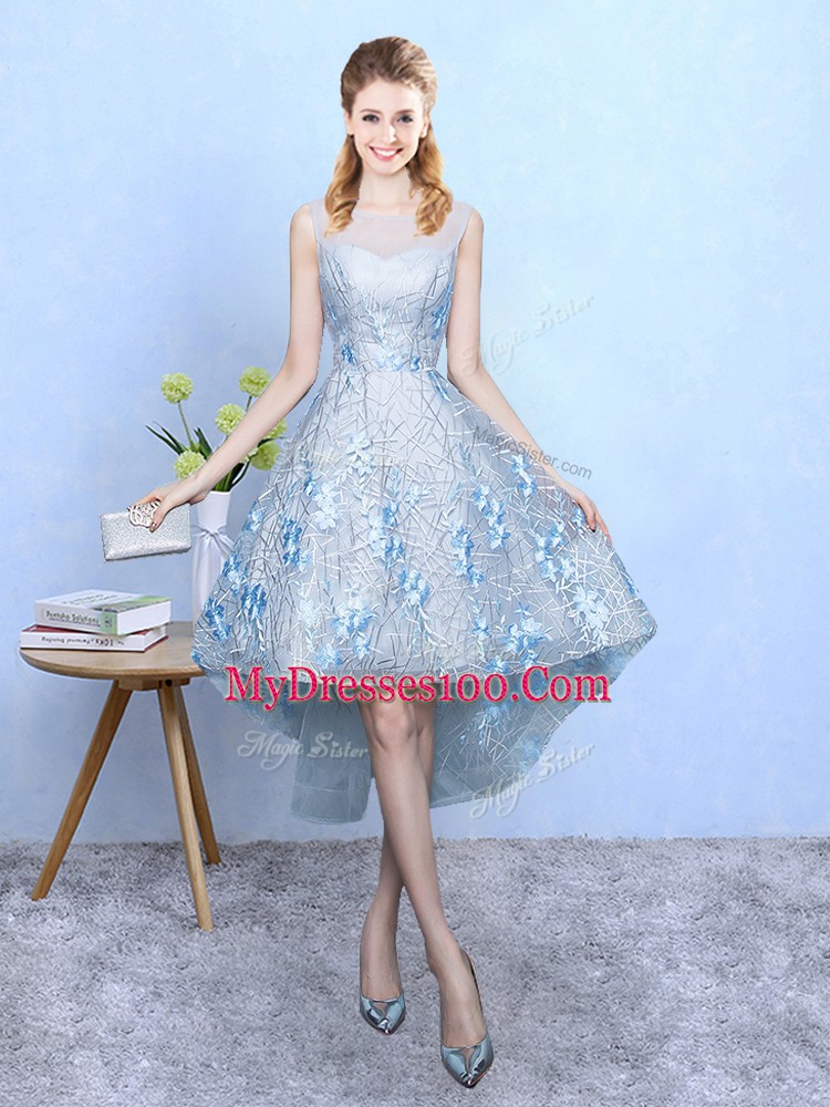 Tulle and Printed Scoop Sleeveless Zipper Appliques Bridesmaid Dresses in Light Blue