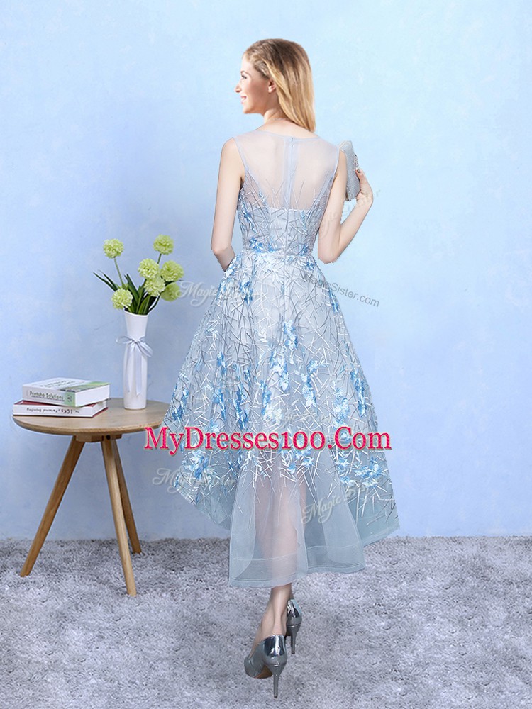 Tulle and Printed Scoop Sleeveless Zipper Appliques Bridesmaid Dresses in Light Blue