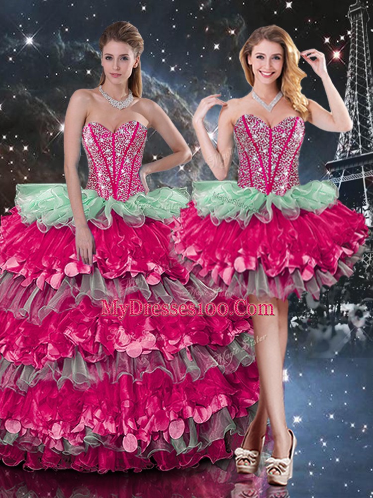 Multi-color Lace Up Sweetheart Beading and Ruffles and Ruffled Layers Sweet 16 Quinceanera Dress Organza Sleeveless