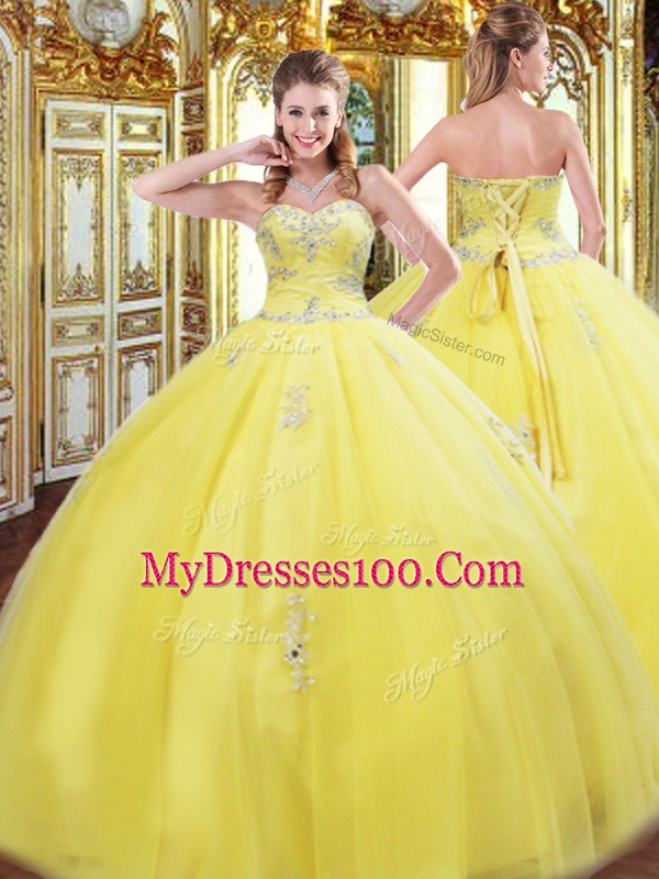 Sleeveless Floor Length Beading and Appliques Lace Up Quinceanera Gown with Yellow