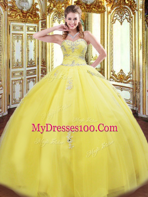Sleeveless Floor Length Beading and Appliques Lace Up Quinceanera Gown with Yellow