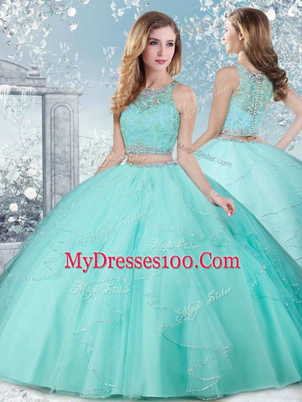Aqua Blue Tulle Clasp Handle Quinceanera Dress Sleeveless Floor Length Beading