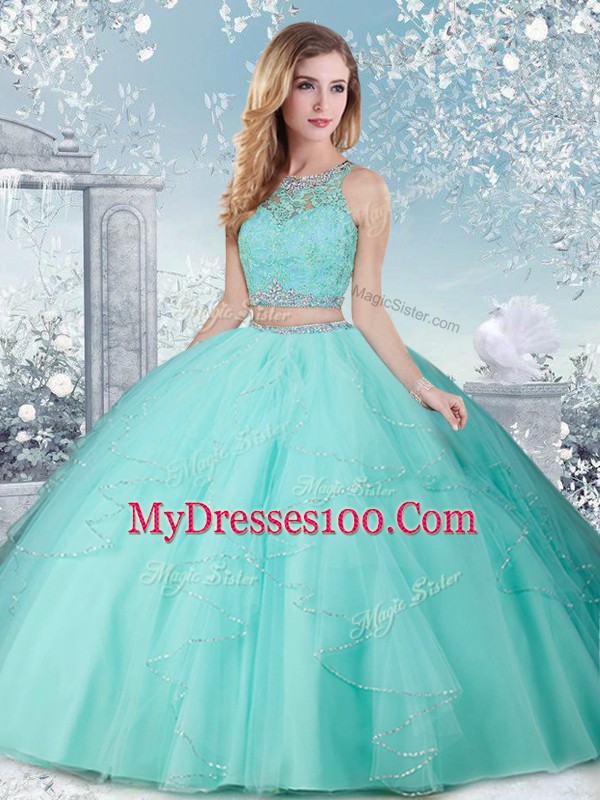 Aqua Blue Tulle Clasp Handle Quinceanera Dress Sleeveless Floor Length Beading