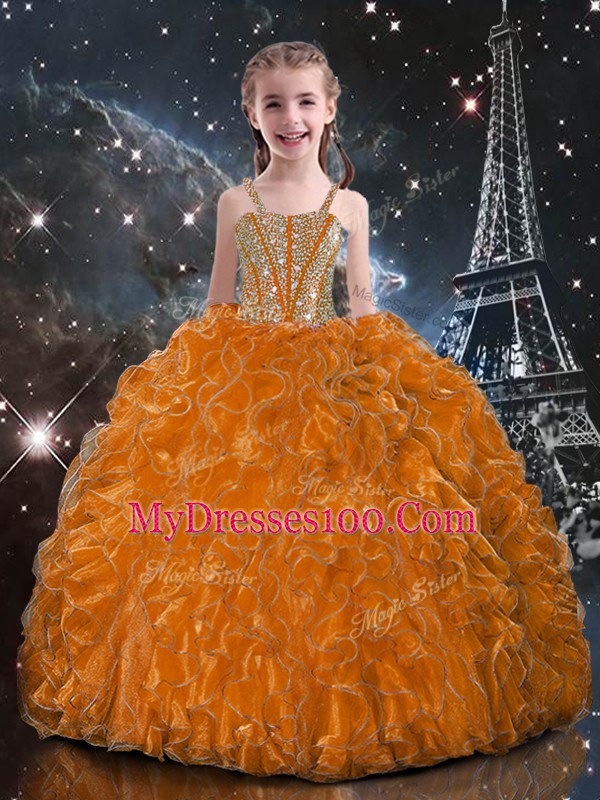 Floor Length Orange Red Little Girls Pageant Dress Wholesale Organza Sleeveless Beading and Ruffles