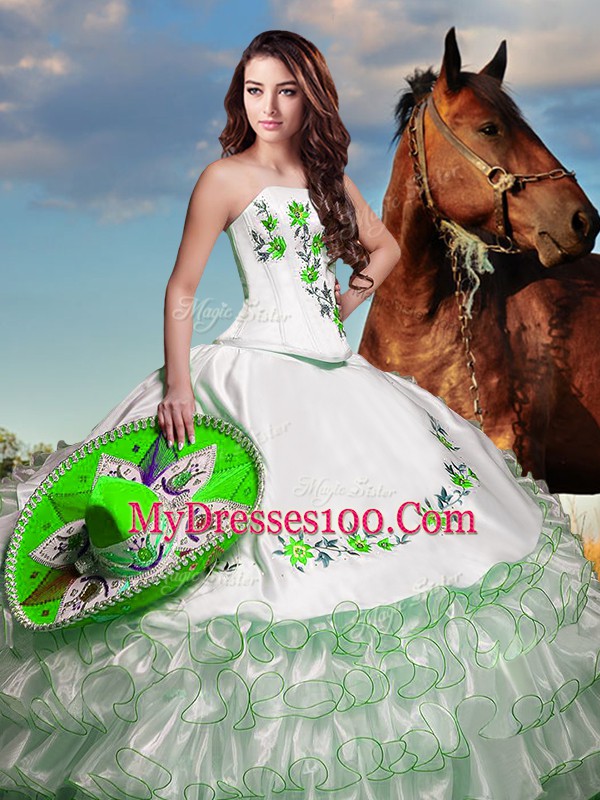 Sumptuous Sleeveless Floor Length Embroidery and Ruffled Layers Lace Up 15th Birthday Dress with White