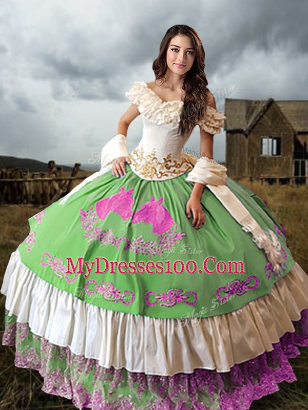 Best Sleeveless Lace Up Floor Length Embroidery and Ruffled Layers Vestidos de Quinceanera