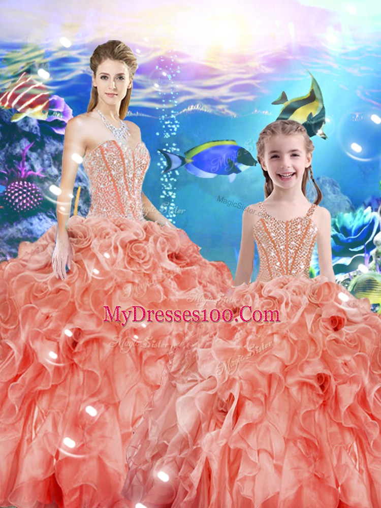 Sexy Watermelon Red Sleeveless Floor Length Beading and Ruffles Lace Up Vestidos de Quinceanera