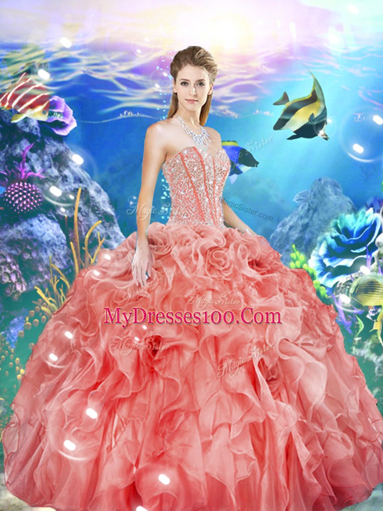 Sexy Watermelon Red Sleeveless Floor Length Beading and Ruffles Lace Up Vestidos de Quinceanera