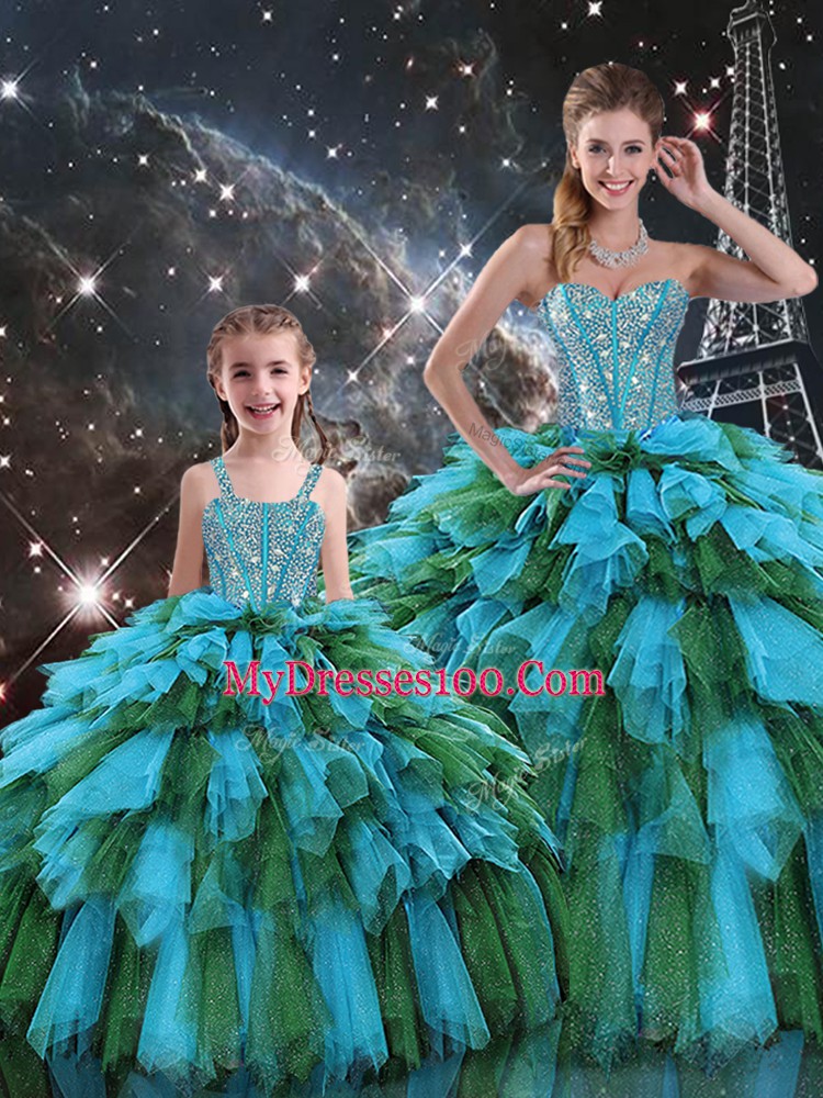 Comfortable Multi-color Sweetheart Lace Up Beading and Ruffles and Ruffled Layers Quince Ball Gowns Sleeveless