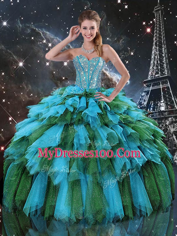 Comfortable Multi-color Sweetheart Lace Up Beading and Ruffles and Ruffled Layers Quince Ball Gowns Sleeveless