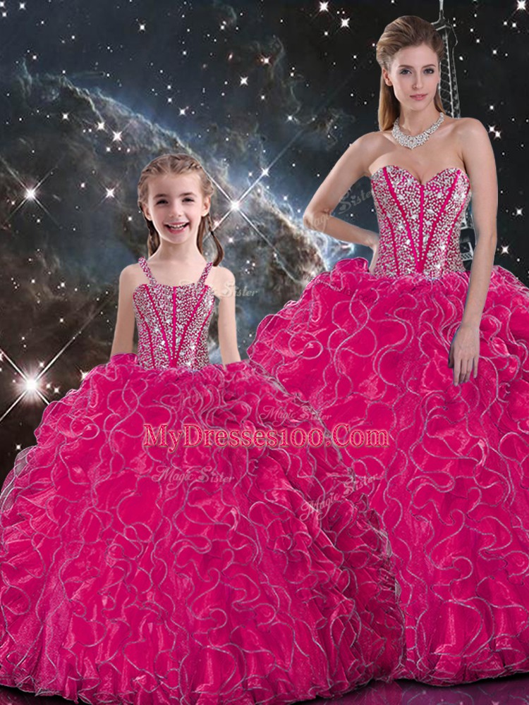 Hot Pink Ball Gowns Organza Sweetheart Sleeveless Beading and Ruffles Floor Length Lace Up Quinceanera Gown