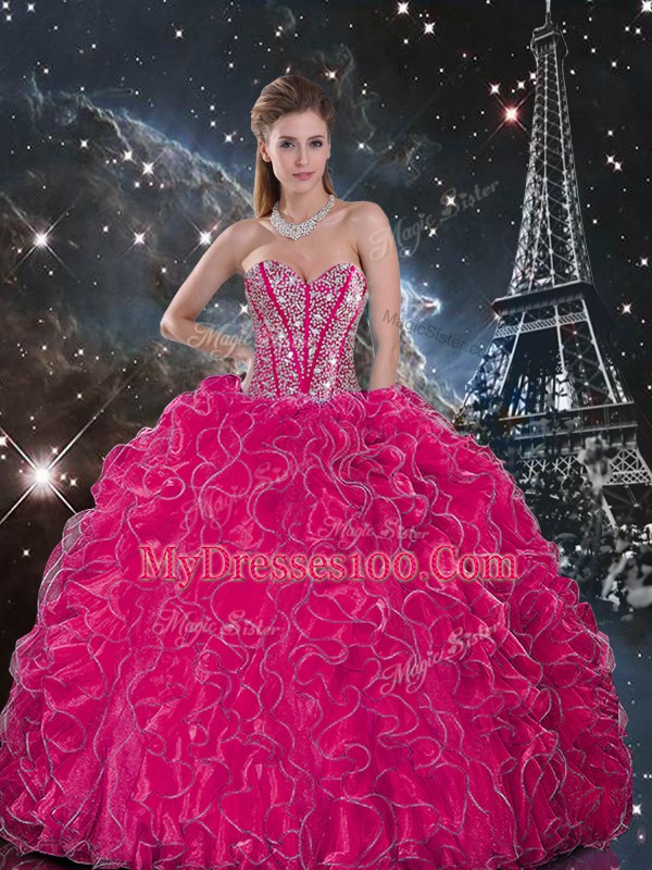 Hot Pink Ball Gowns Organza Sweetheart Sleeveless Beading and Ruffles Floor Length Lace Up Quinceanera Gown