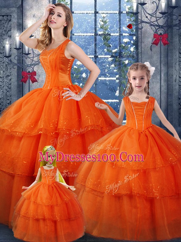 Orange Red Lace Up Ball Gown Prom Dress Ruffled Layers Sleeveless Floor Length