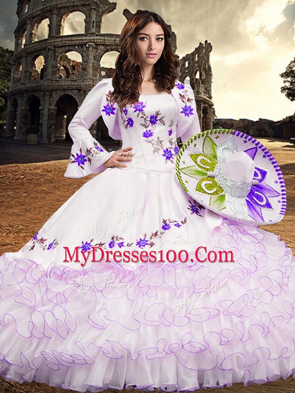 Lovely White Ball Gowns Organza Square Long Sleeves Embroidery and Ruffled Layers Floor Length Lace Up Quinceanera Gowns