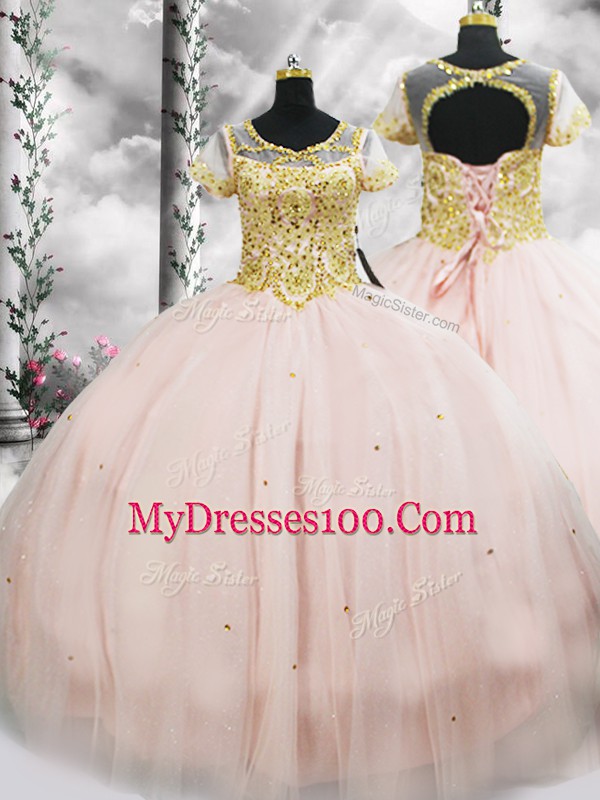 Pink Scoop Neckline Beading 15th Birthday Dress Short Sleeves Lace Up