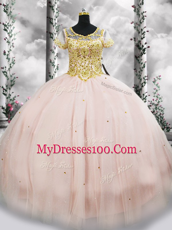 Pink Scoop Neckline Beading 15th Birthday Dress Short Sleeves Lace Up