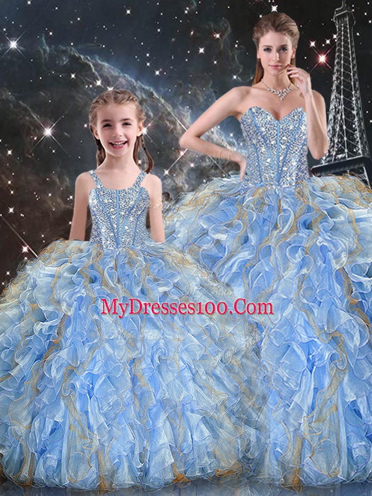 Flare Light Blue Sleeveless Floor Length Beading and Ruffles Lace Up Quince Ball Gowns