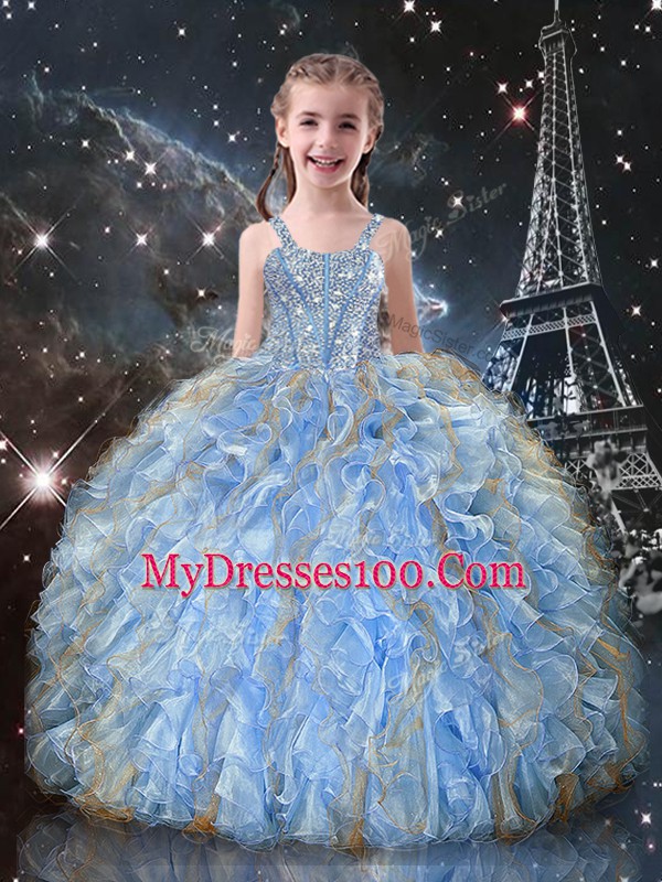 Flare Light Blue Sleeveless Floor Length Beading and Ruffles Lace Up Quince Ball Gowns
