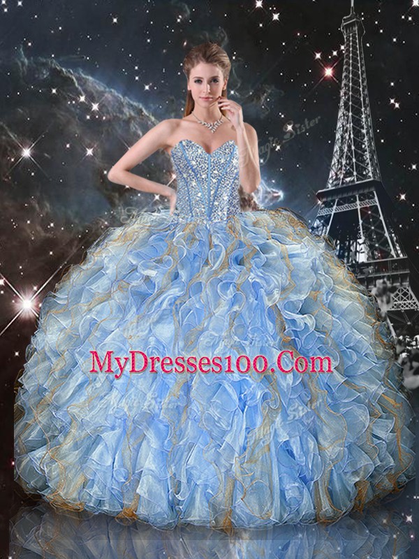 Flare Light Blue Sleeveless Floor Length Beading and Ruffles Lace Up Quince Ball Gowns