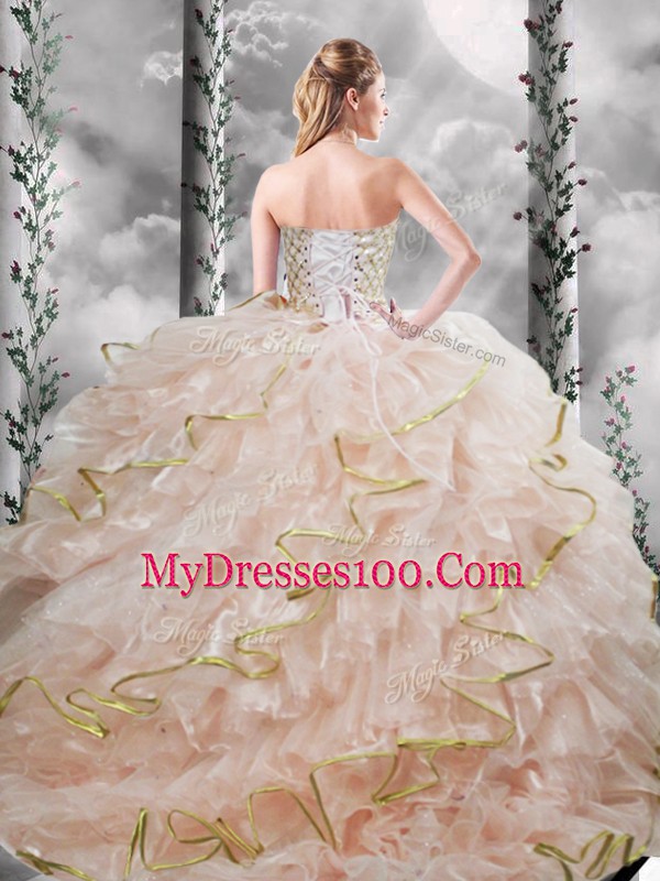 Peach Sleeveless Organza Brush Train Lace Up Quinceanera Gowns for Military Ball and Sweet 16 and Quinceanera