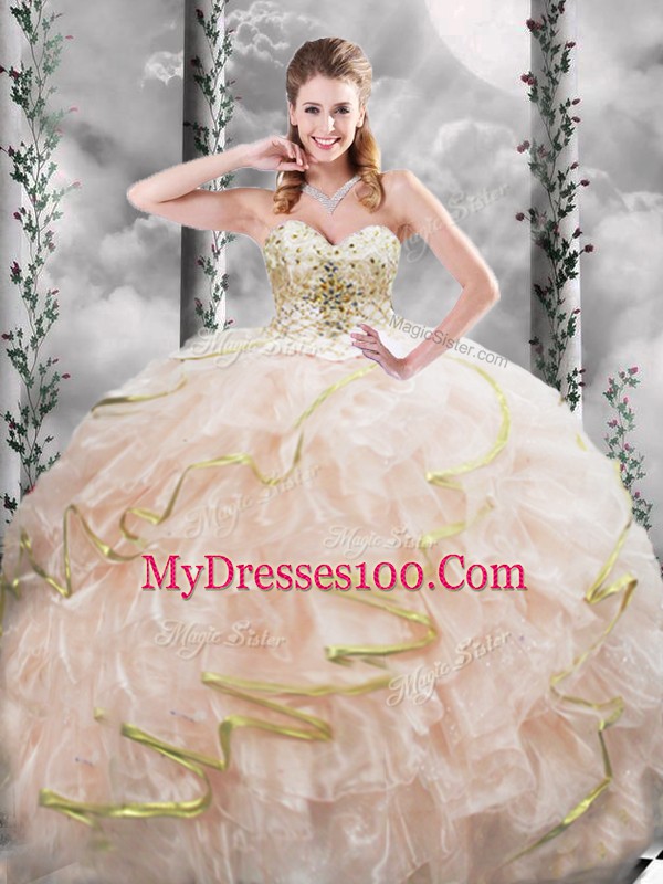 Peach Sleeveless Organza Brush Train Lace Up Quinceanera Gowns for Military Ball and Sweet 16 and Quinceanera