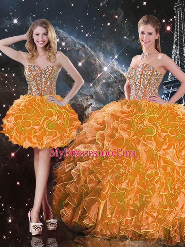 Organza Sweetheart Sleeveless Lace Up Beading and Ruffles 15 Quinceanera Dress in Orange