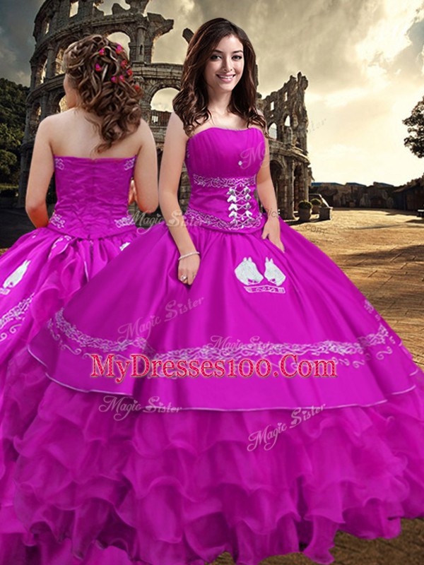 Suitable Fuchsia Zipper 15th Birthday Dress Embroidery and Ruffled Layers Sleeveless Floor Length