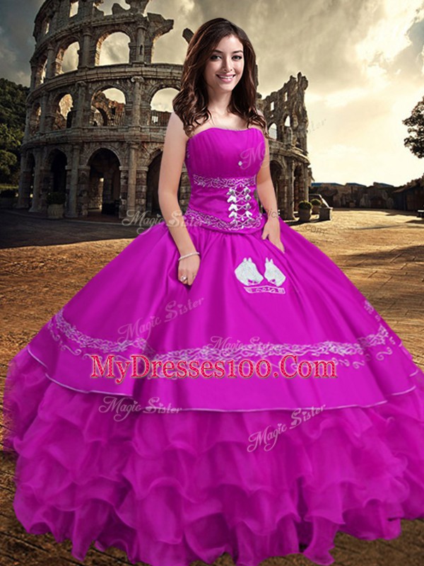 Suitable Fuchsia Zipper 15th Birthday Dress Embroidery and Ruffled Layers Sleeveless Floor Length