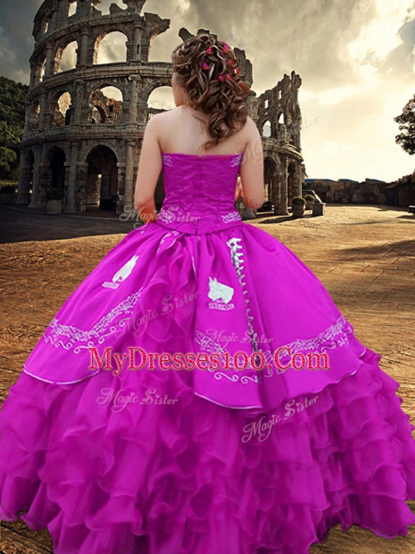 Suitable Fuchsia Zipper 15th Birthday Dress Embroidery and Ruffled Layers Sleeveless Floor Length