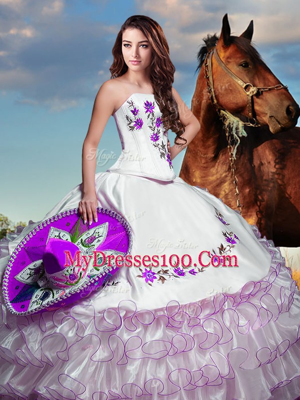 Excellent White Ball Gowns Strapless Sleeveless Taffeta Floor Length Lace Up Embroidery and Ruffled Layers Quinceanera Dresses