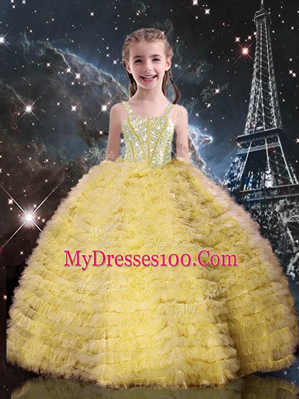 Floor Length Champagne Little Girls Pageant Dress Wholesale Straps Sleeveless Lace Up