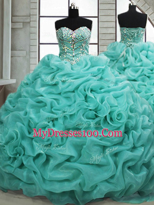 Beading and Pick Ups Quince Ball Gowns Turquoise Lace Up Sleeveless Brush Train