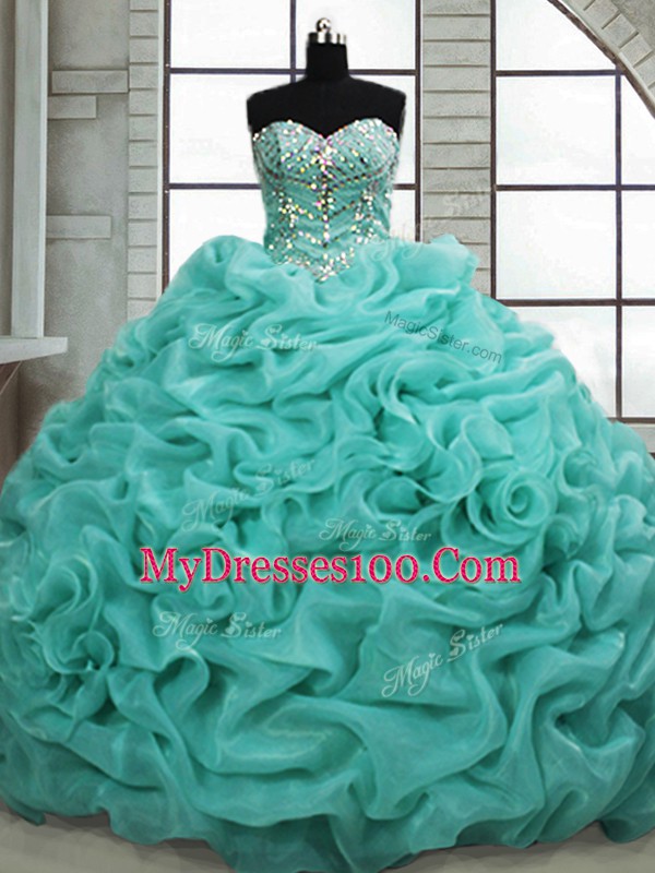Beading and Pick Ups Quince Ball Gowns Turquoise Lace Up Sleeveless Brush Train