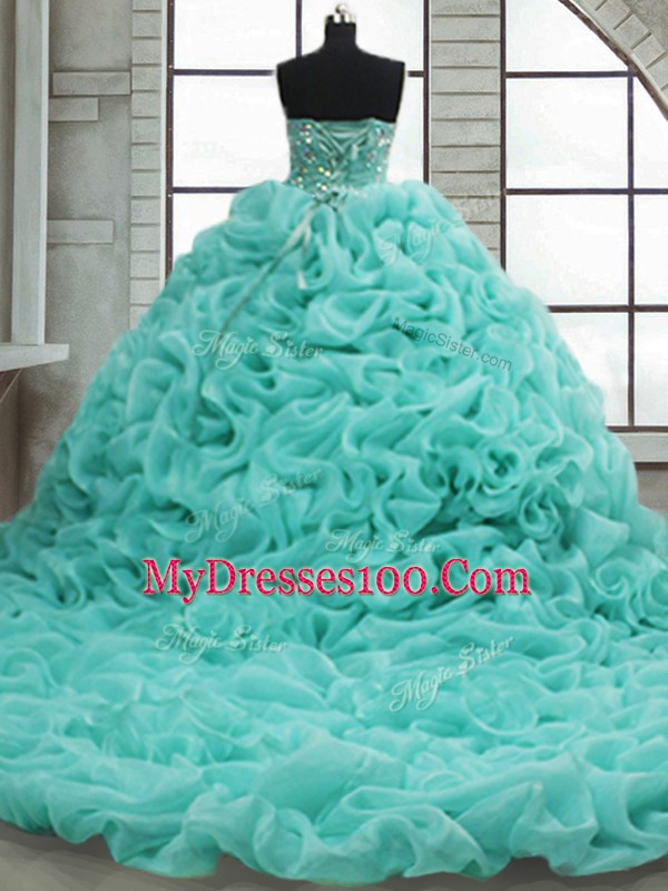 Beading and Pick Ups Quince Ball Gowns Turquoise Lace Up Sleeveless Brush Train