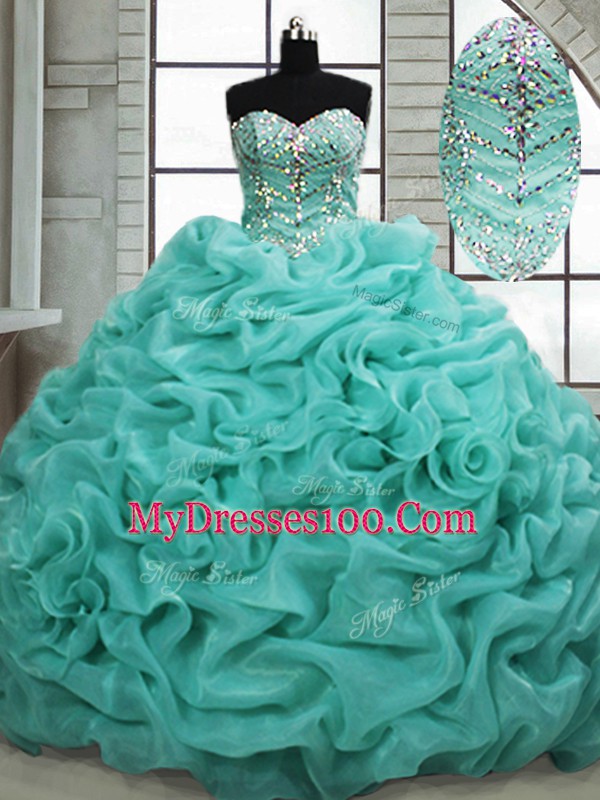 Beading and Pick Ups Quince Ball Gowns Turquoise Lace Up Sleeveless Brush Train